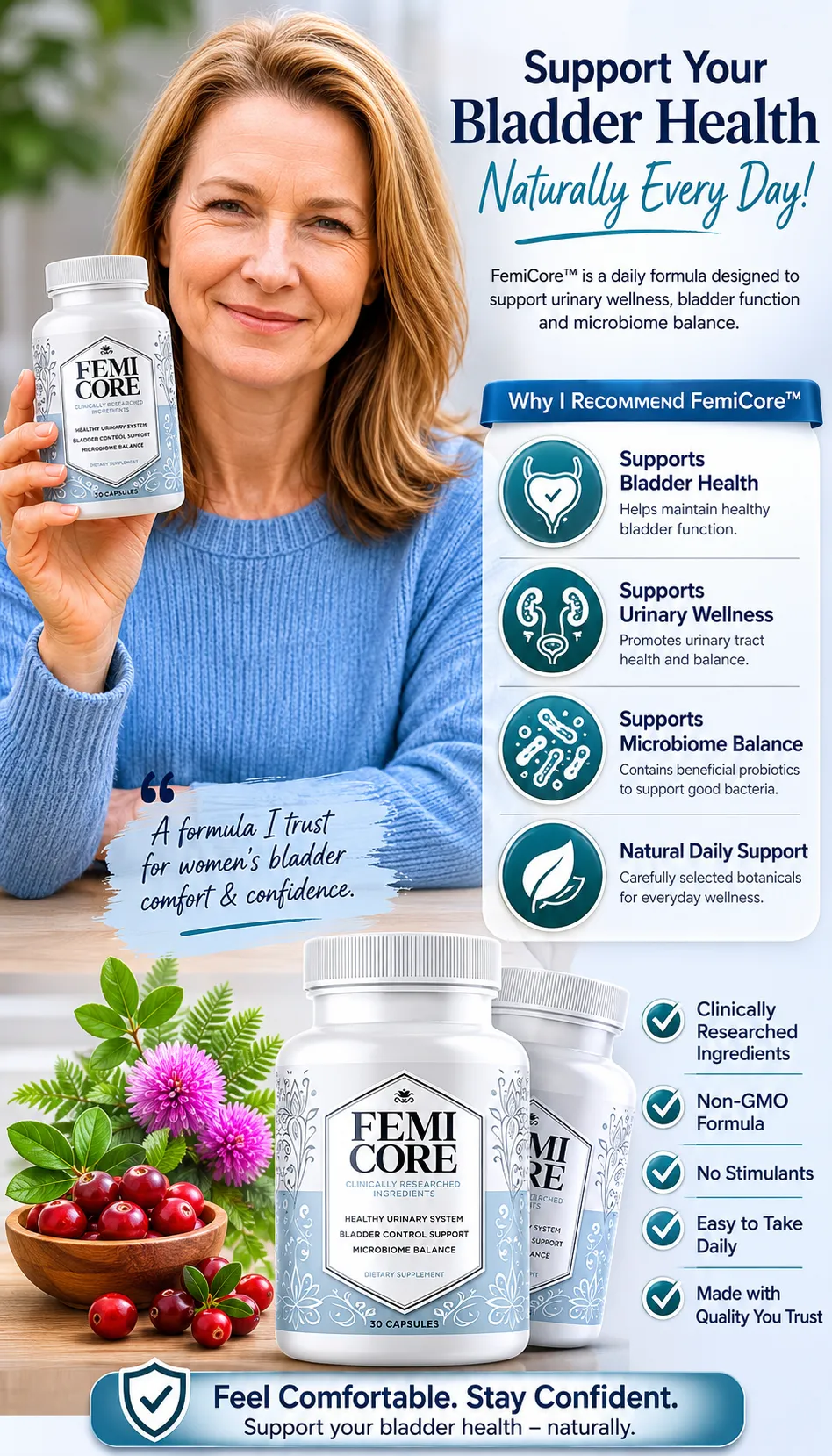 FemiCore natural bladder health supplement 3D product bundle with infographic and woman. Features urinary wellness, microbiome balance, and clinically researched ingredients.
