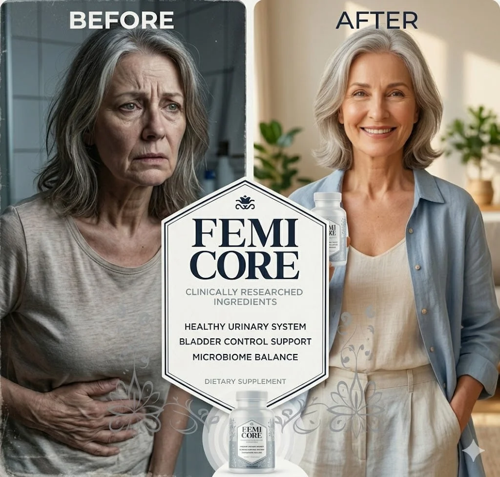FemiCore bladder control supplement before and after results. Features a stressed senior woman with urinary discomfort transforming into a happy, healthy lifestyle.