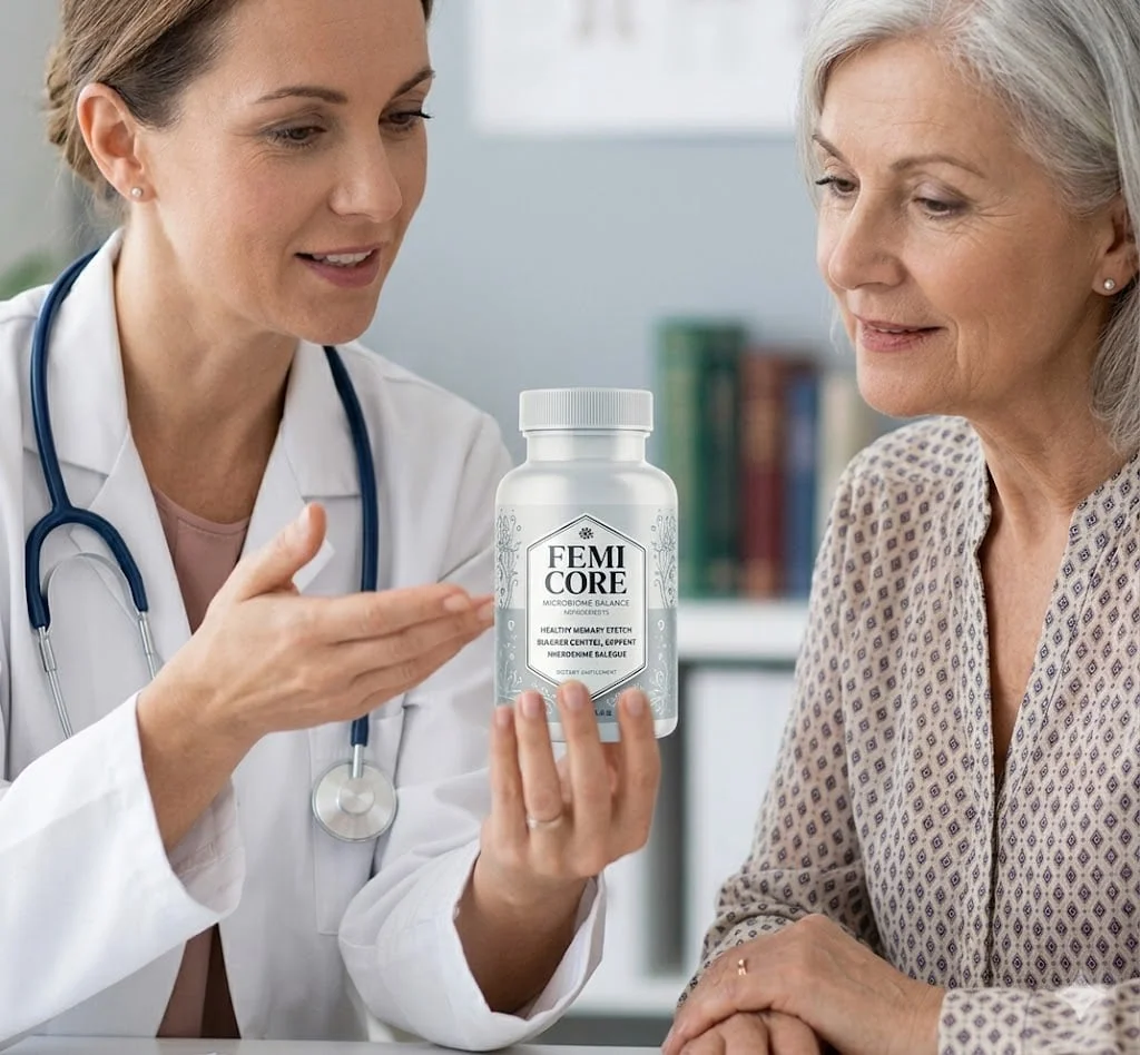 FemiCore bladder health supplement recommended by a female doctor to a senior patient in a medical clinic. Natural urinary support for women's wellness.